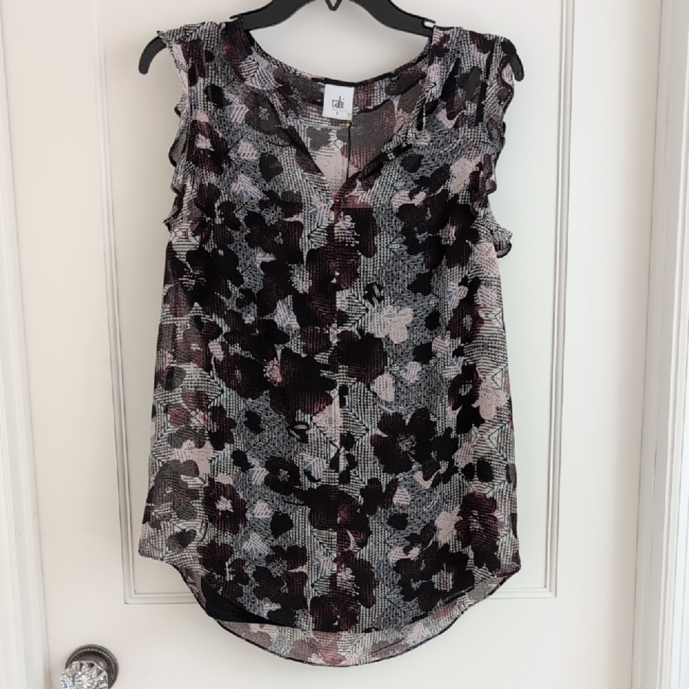 CAbi Weaver Sleeveless Blouse #3618 Small S Floral Ruffle Sheer with Cami EUC